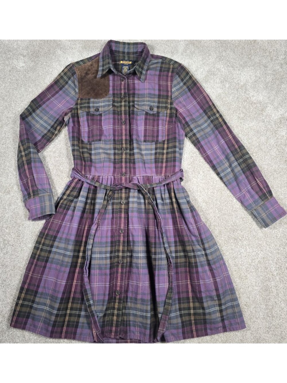Ralph Lauren Rugby Dress Plaid Suede Shooting Patch Flannel Dark Academia Size 4